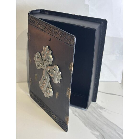 Vintage Bible Iron Case Black with Silver Cross Religious Decorative Storage Box - Picture 2 of 7